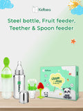 Kidbea® Premium Baby Gift Set – Pack of 6 Essentials | 2 Organic Rompers, Steel Feeding Bottle, Food Feeder, Spoon Feeder & Teether | Thoughtful Newborn Gift Box for New Parents