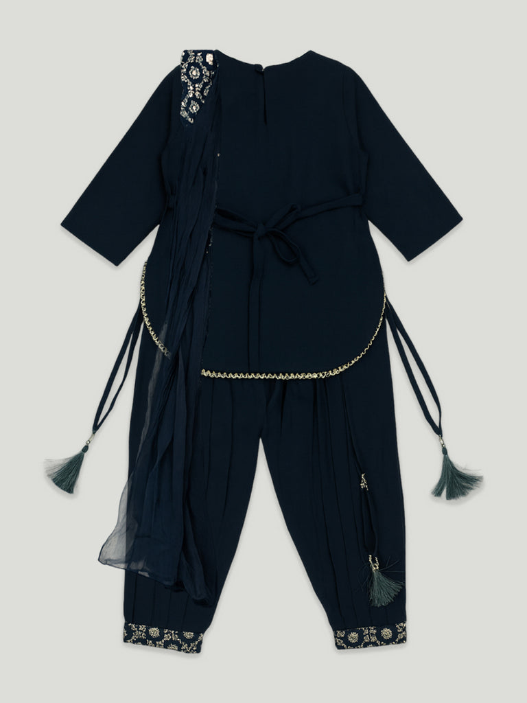 Kidbea Girls Indian Salwar Kameez Set | Embroidered Kurti, Dhoti Pants & Dupatta | Navy Blue