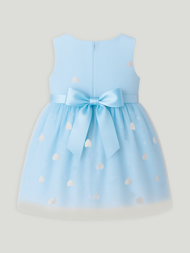 Kidbea Baby Girl Party/Birthday Dress | Sleeveless Stylish Frock with White Heart Embroidery & Tulle Layer | Ideal for Toddlers & Infants Blue