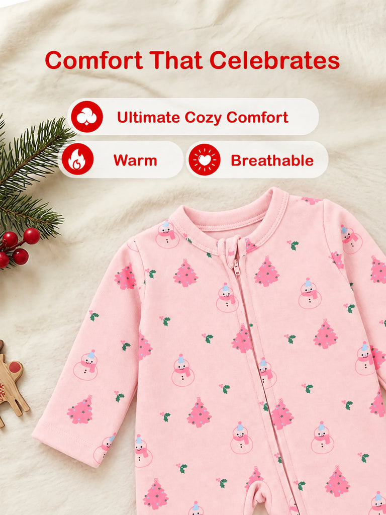 Cotton Baby Girls Footed Romper – Pink Christmas Print Full-Sleeve Romper