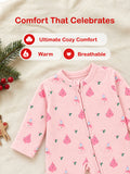 Cotton Baby Girls Footed Romper – Pink Christmas Print Full-Sleeve Romper