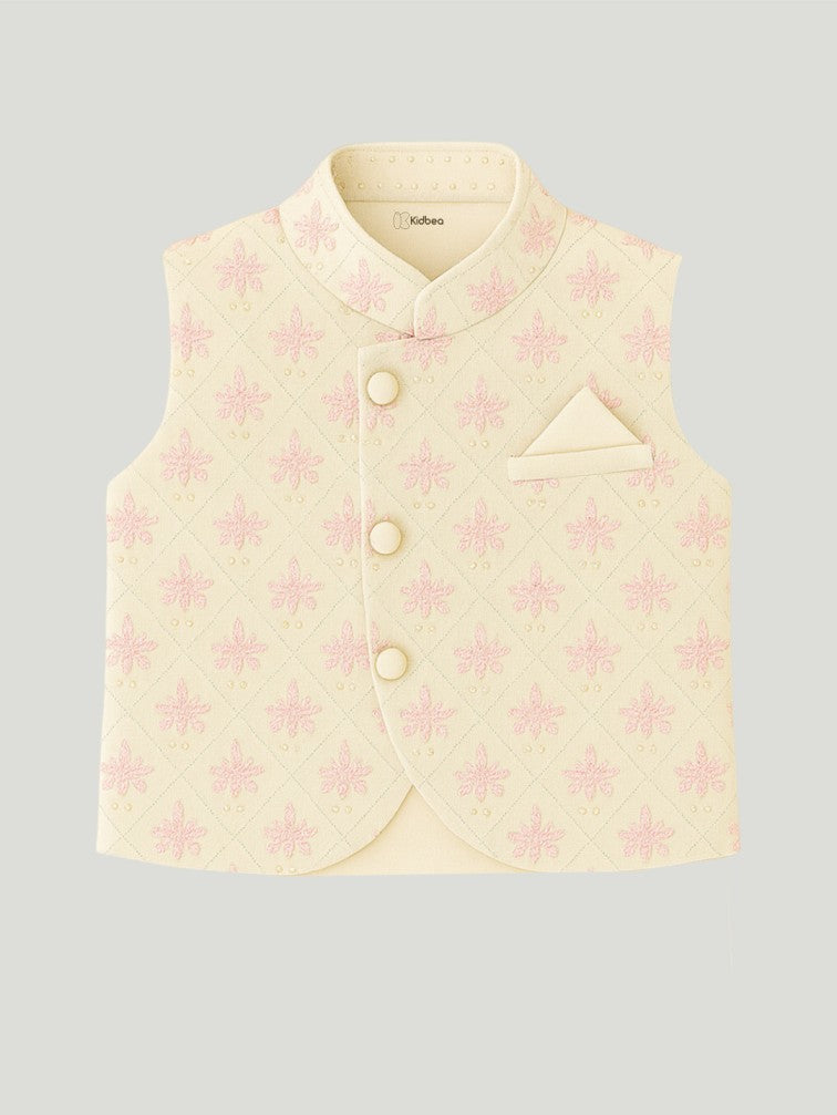Kidbea Boys Kurta Pajama Set with Asymmetric Embroidered Nehru Jacket | Festive & Ethnic Wear Outfit | Pink