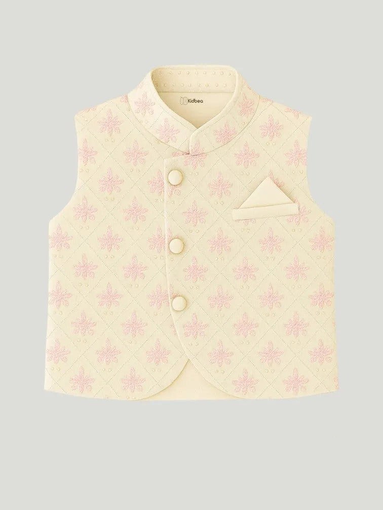Boys Kurta Pajama Set with Asymmetric Embroidered Nehru Jacket | Festive & Ethnic Wear Outfit | Pink