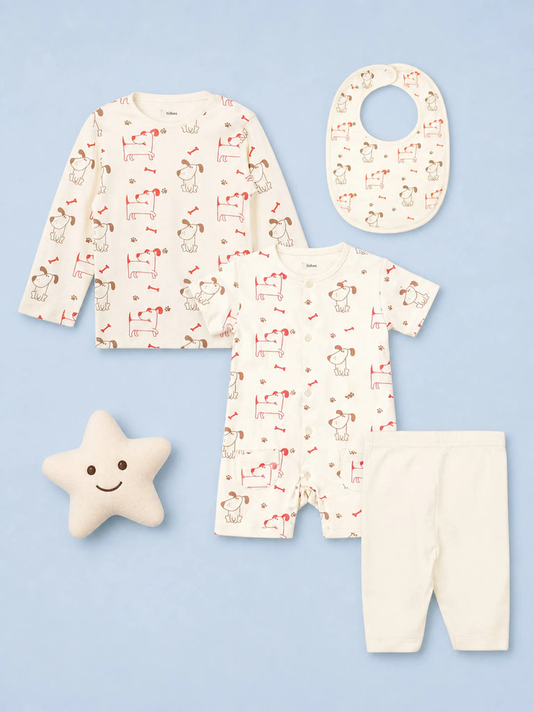 Organic Cotton Baby Gift Set – White Dog Print T-shirt, Pyjama, Half Romper & Bib For 0-18 Months (4 Piece Set)