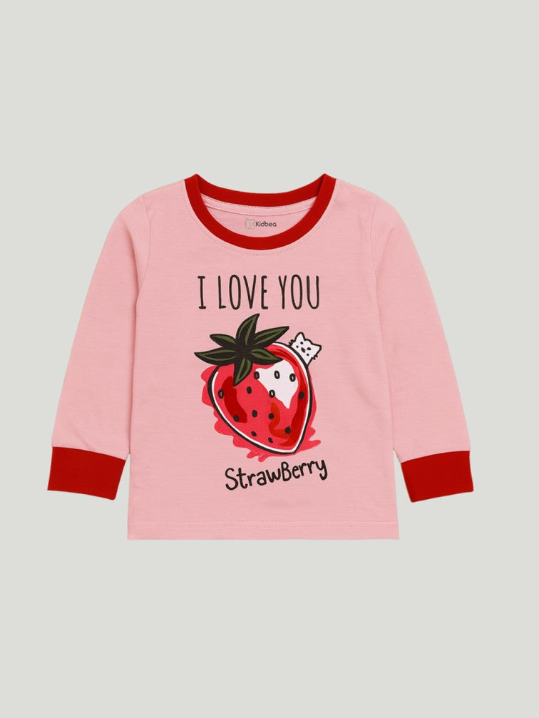 Kidbea Unisex Kids Cotton Night Suit | Soft & Cute Strawberry Print Pajama Set for Boys & Girls | Pink