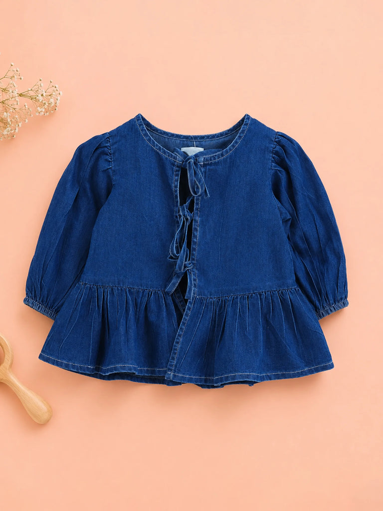 Girls Denim Peplum Top with Puff Sleeves - Dark Blue