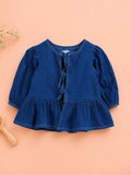 Girls Denim Peplum Top with Puff Sleeves - Dark Blue