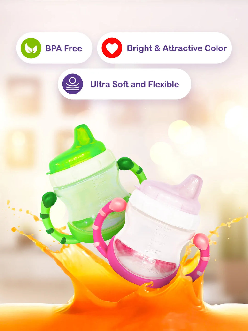 Baby Sipper Cup – Green & Pink (Pack of 2) | BPA-Free, Soft Spout, Leak-Proof, Dual Handles, 200ML