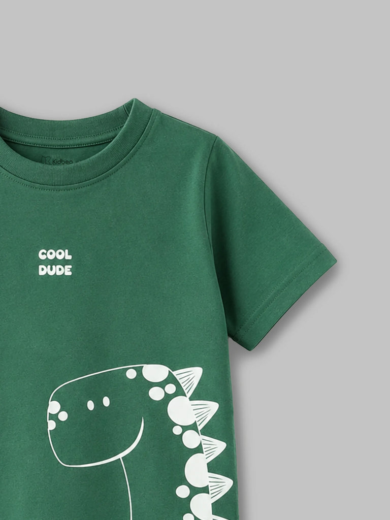 Organic Cotton Forest Green Dinosaur Print Round Neck Half Sleeve T-Shirt for Boys