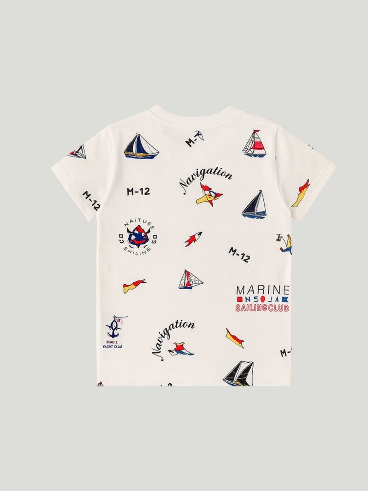 Kidbea Boys Nautical Theme Summer Co-Ord Set | Cotton T-Shirt and Shorts for Kids | White