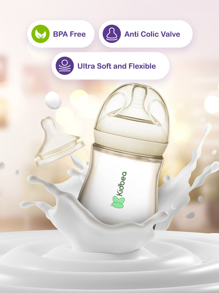 Kidbea Natural Milk Feeding Bottle, BPA-Free, Soft Nipple, Anti-Colic Design, 150ML X 2, Pack 2 Bottle