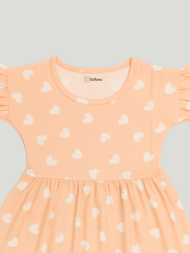 Kidbea Girls Cotton Frock | Heart Printed Dress for Summer | Ruffle Sleeves | Pink