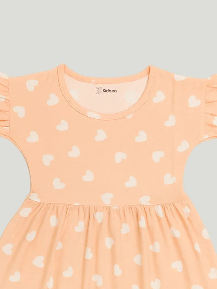 Kidbea Girls Cotton Frock | Heart Printed Dress for Summer | Ruffle Sleeves | Pink