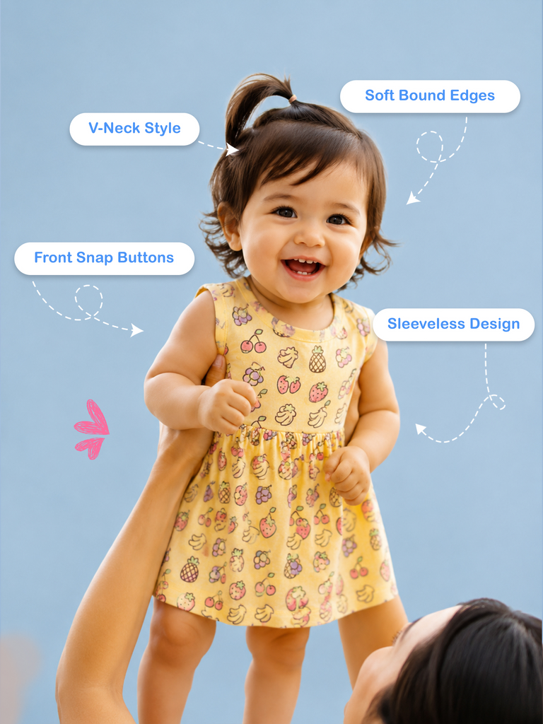 BambooTEC™ Bamboo Muslin Baby Frock – Fruity Fiesta Print, Soft & Breathable Dress