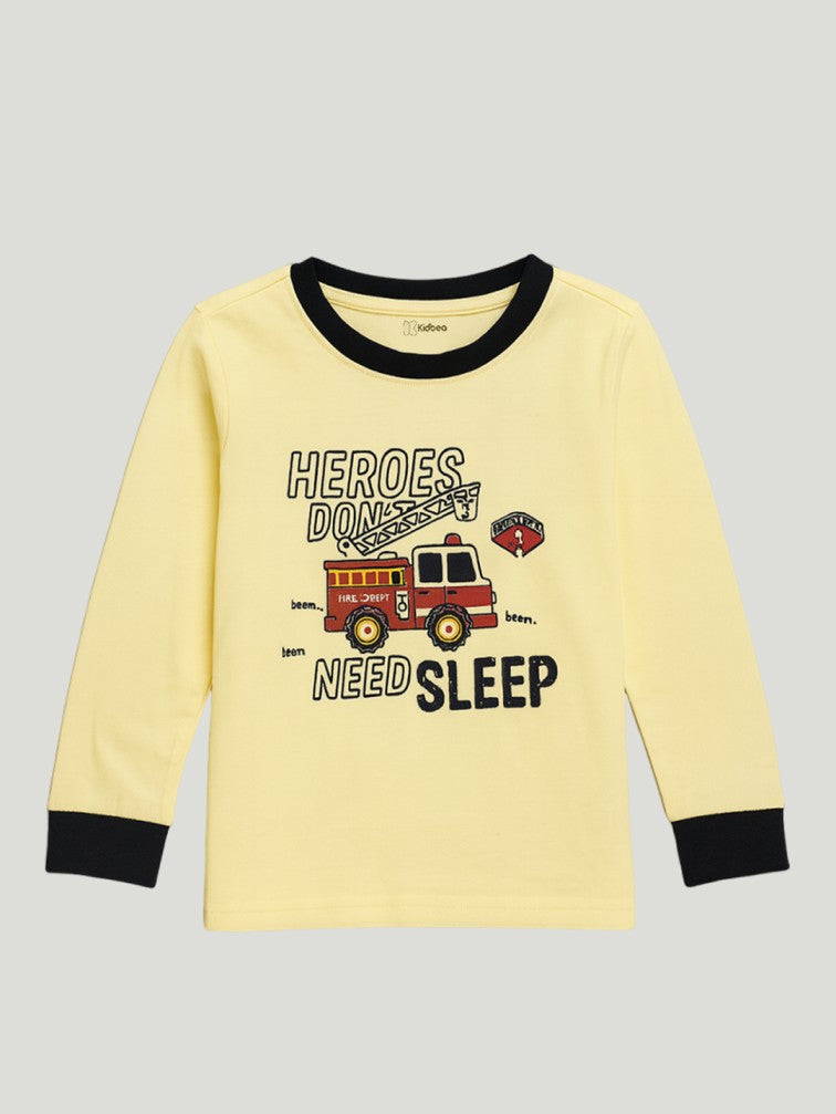 Kidbea Unisex Kids Cotton Night Suit Set | Firetruck Print | Full Sleeves Pajamas | Cream