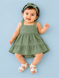 Girls Organic Cotton Sage Green Floral Print Dress & Bloomers Set with Headband
