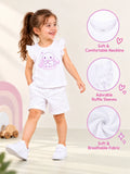 Girls White Top – Cute Bunny “Nom Nom Nom” Print with Ruffle Sleeves