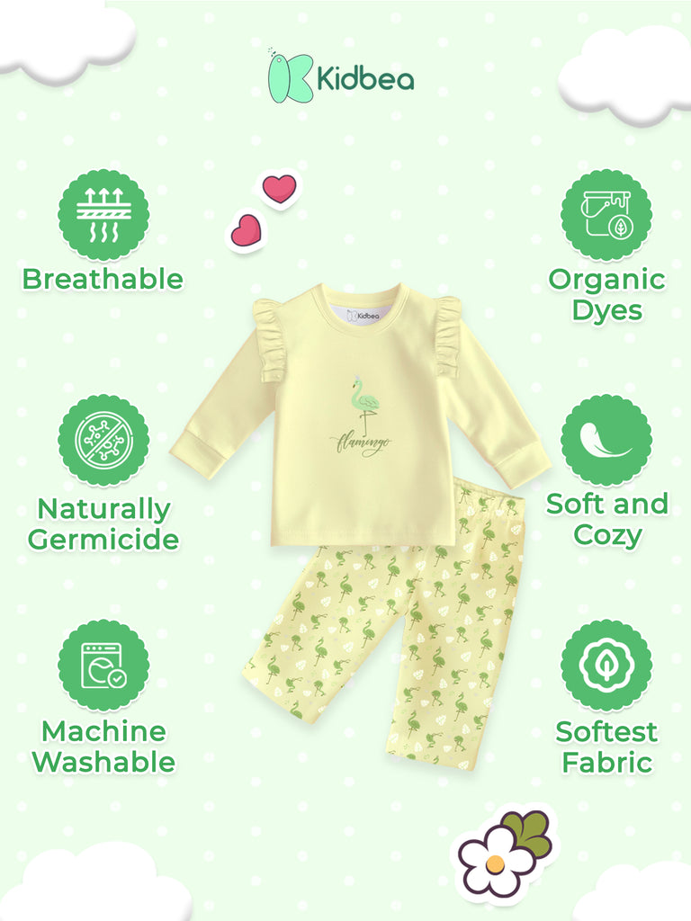 100% Bamboo Cotton Girls Full Sleeves Flamingo Printed Co-Ord Set - Soft Yellow
