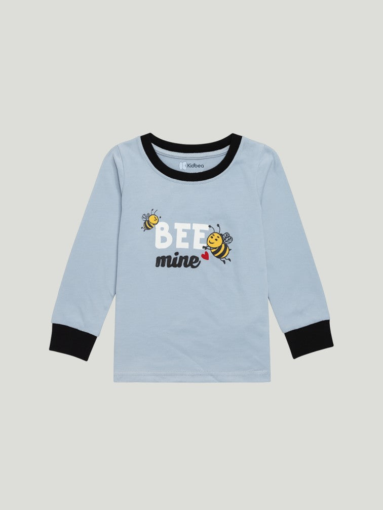 Kidbea Unisex Cotton Nightwear Set for Kids | Soft Breathable Sleepwear with Cute Bee Print & Full Sleeves Top | Blue