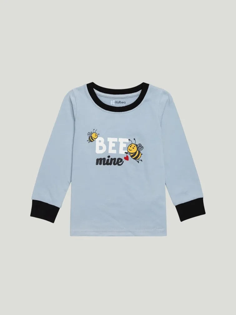 Unisex Cotton Nightwear Set for Kids | Soft Breathable Sleepwear with Cute Bee Print & Full Sleeves Top | Blue