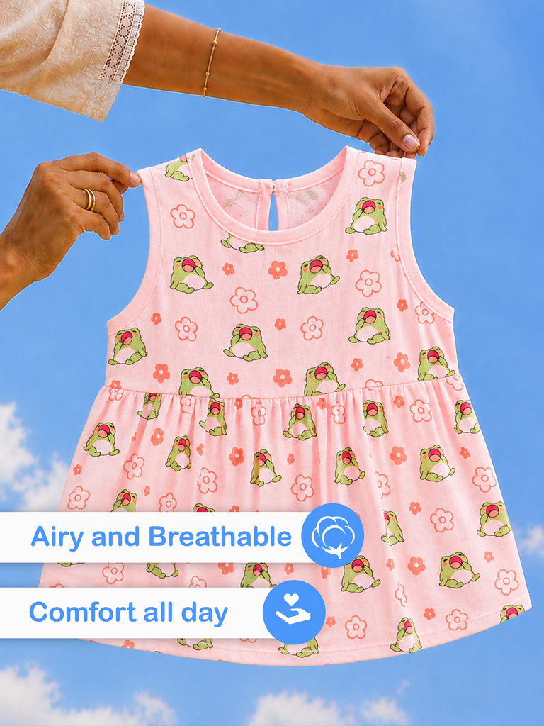 BambooTEC™ Bamboo Muslin Baby Frock – Frog & Floral Print, Soft & Breathable Dress