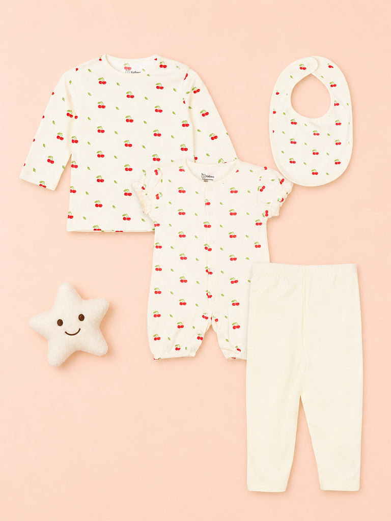 Organic Cotton Baby Gift Set – Cherry Print T-Shirt, Pyjama, Half Romper & Bib for 0–18 Months (4 Piece Set)