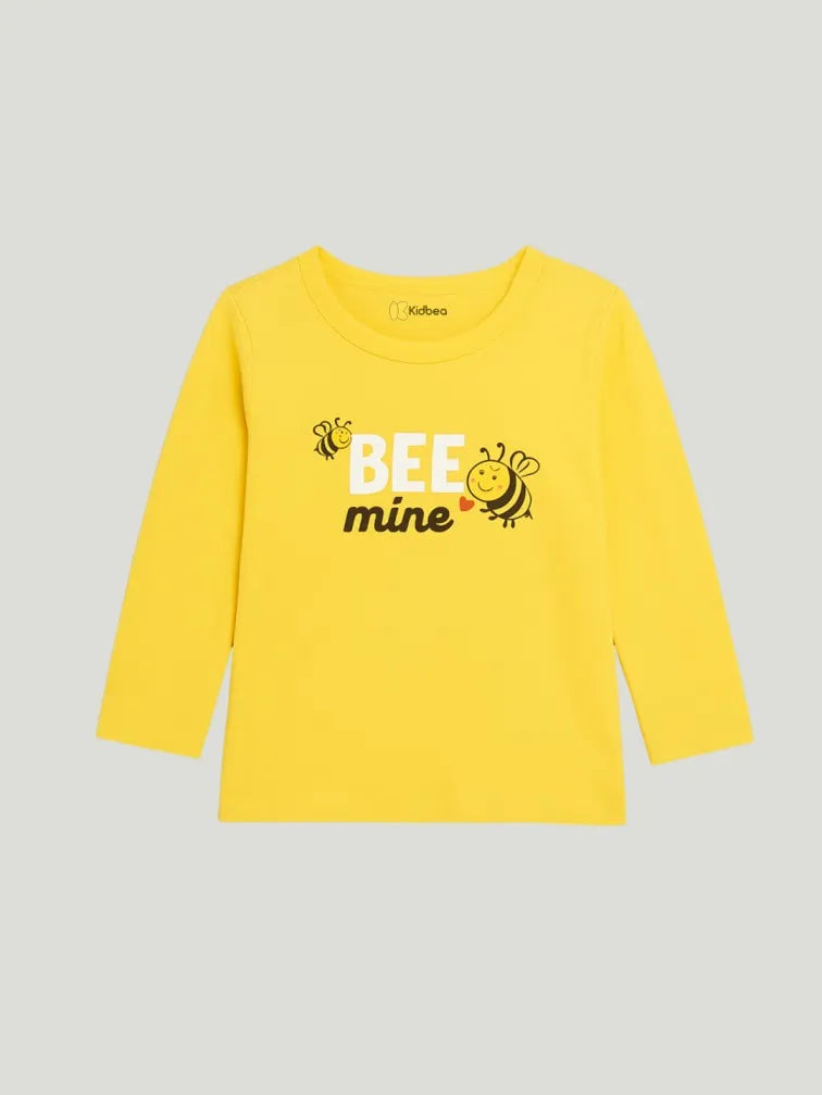 Unisex Cotton Nightwear Set for Kids | Cute Bee Print & Full Sleeves Top | Yellow