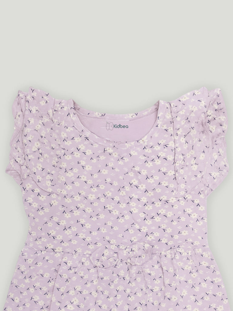Kidbea Girls Cotton Frock | Floral Printed Dress with Ruffle Sleeves | Casual & Trendy Dress | Lavender