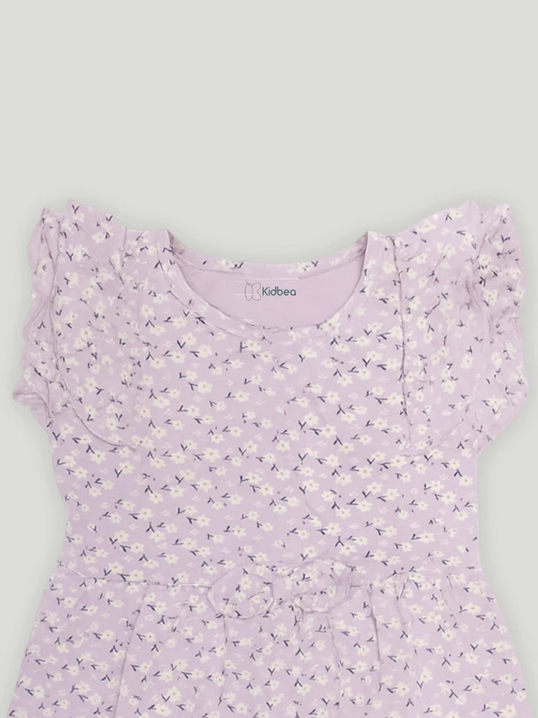 Kidbea Girls Cotton Frock | Floral Printed Dress with Ruffle Sleeves | Casual & Trendy Dress | Lavender