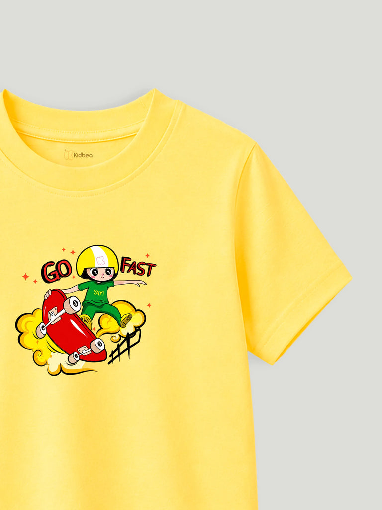 Bamboo Fabric Unisex Kids T-Shirt – Soft Breathable Yellow Skateboard Print Half Sleeve Tee