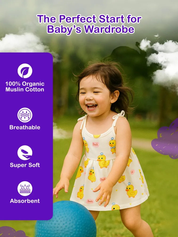 Extra Soft Muslin Baby Girls Frock – Cute Duck Print Sleeveless Dress