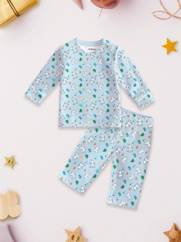100% Organic Bamboo Co-Ord Set Combo – Pack of 2 | Soft, Breathable & Stylish Nightwear for Kids (Blue & Off-White Print)