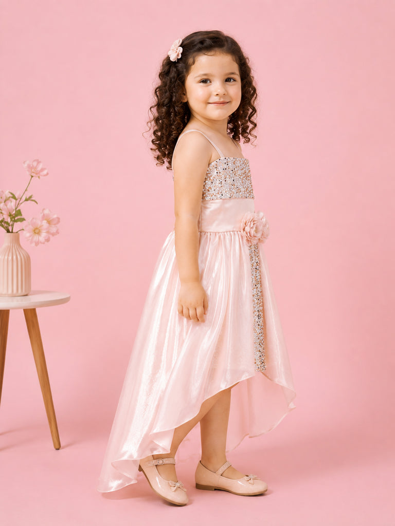 Girls Pink Partywear Frock – Sequin & Floral Embellished High-Low Dress