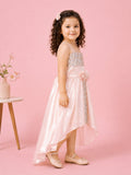 Girls Pink Partywear Frock – Sequin & Floral Embellished High-Low Dress