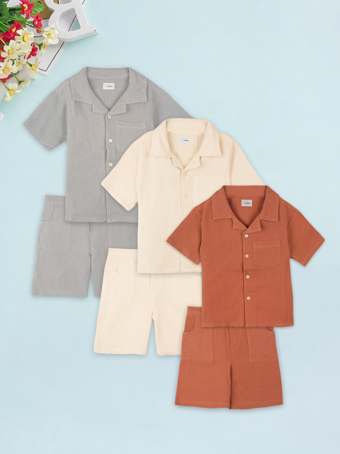 Light Organic Cotton Co-Ord Set Pack of 3 | Stylish & Comfortable Wear for Kids (White, Rust & Grey)