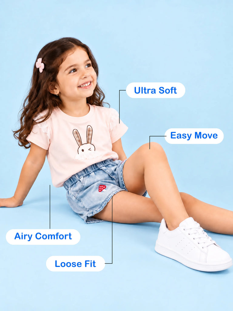 Girls Cotton Co-Ord Set – Peach Bunny T-Shirt with Denim Shorts