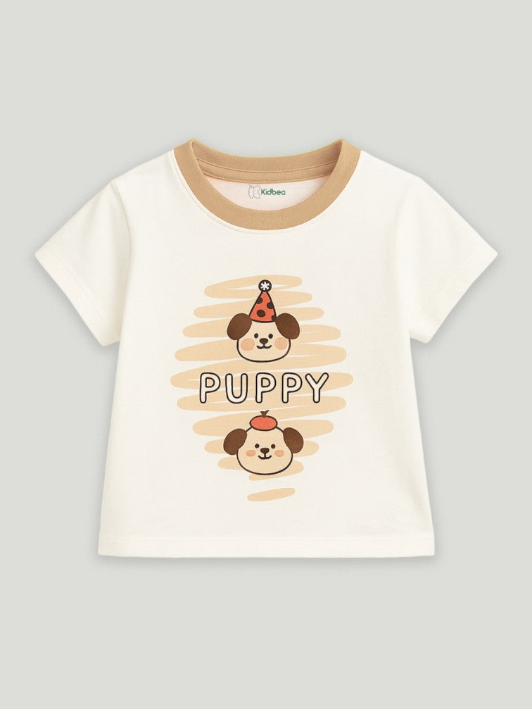 Kidbea Unisex Dungaree Set in Brown – Earthy Tone Puppy Design Overalls Paired with Matching Tee