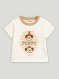 Kidbea Unisex Dungaree Set in Brown – Earthy Tone Puppy Design Overalls Paired with Matching Tee