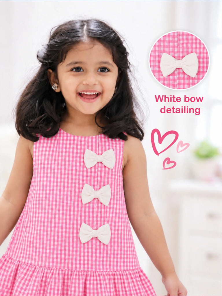 Girls Cotton Gingham Frock – Pink Check Dress with Bow Details