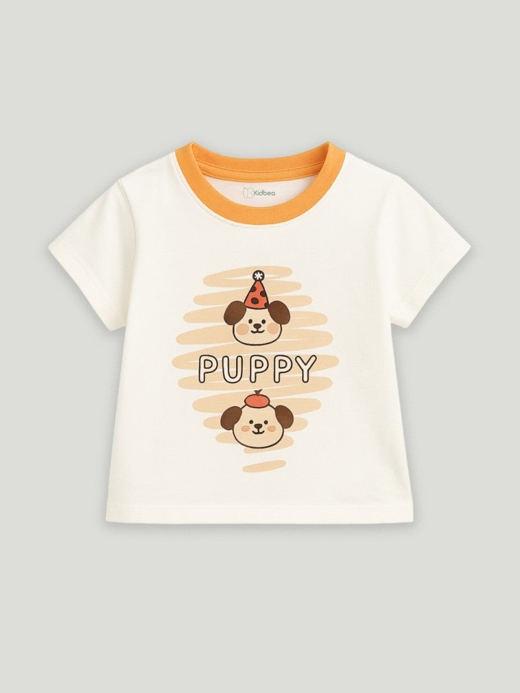 Kidbea Unisex Dungaree Set in Orange – Bright Puppy Themed Overalls with Cozy T-Shirt for Babies