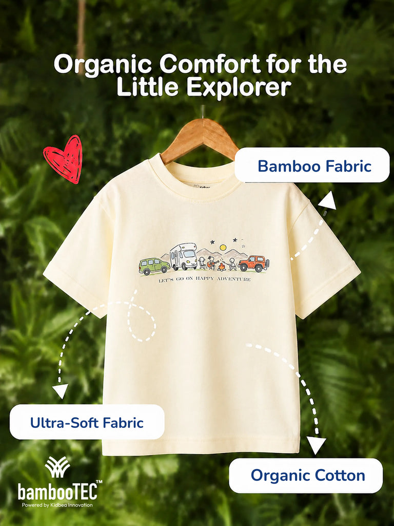 Unisex Bamboo Fabric Cream Happy Adventure Print Oversized T-Shirt