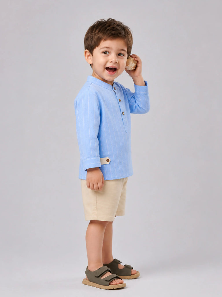 Light Organic Cotton Sky Blue Shirt & Beige Shorts Co-ord Set