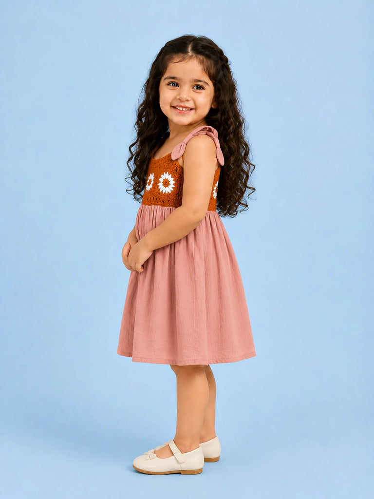 Light Organic Cotton Pink Embroidered Knot Strap Frock Dress