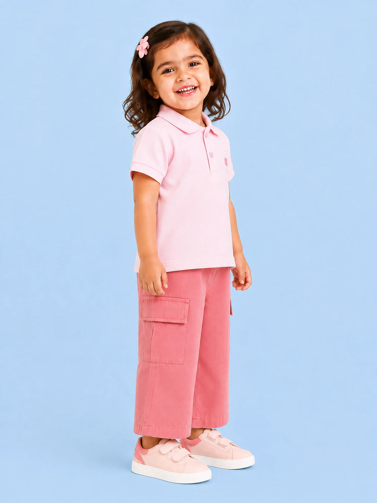 Girls Cotton Co-Ord Set – Pink Polo T-Shirt & Cargo Pants