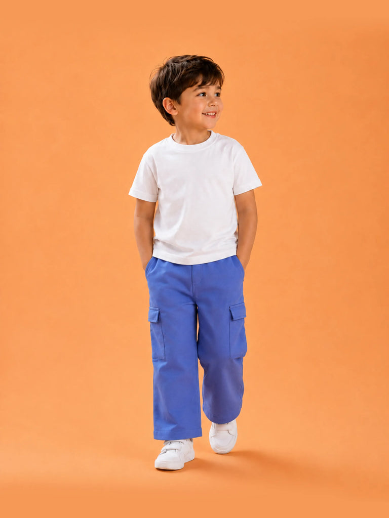 Unisex Blue Cotton Kids Cargo Jogger Pants – Comfortable Everyday Bottomwear