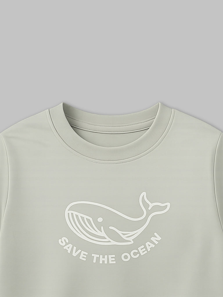 Organic Cotton Gray Whale Print Oversized Round Neck Half Sleeve T-Shirt | Unisex