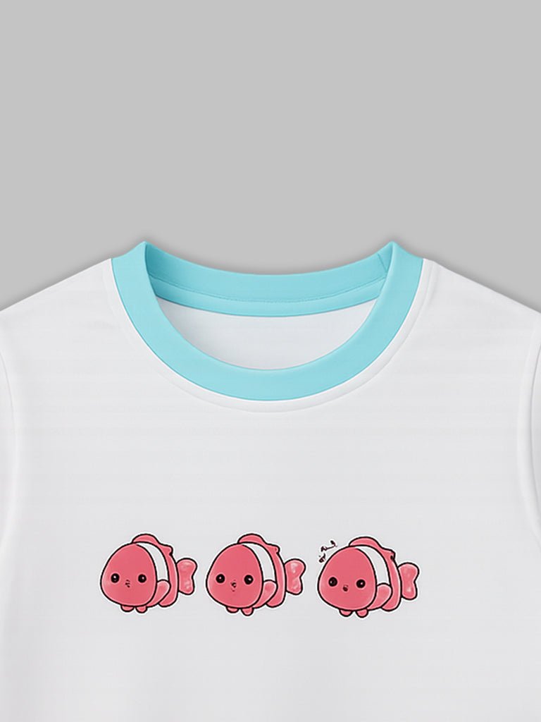 Girls White Organic Cotton Round Neck Fish Print T-Shirt
