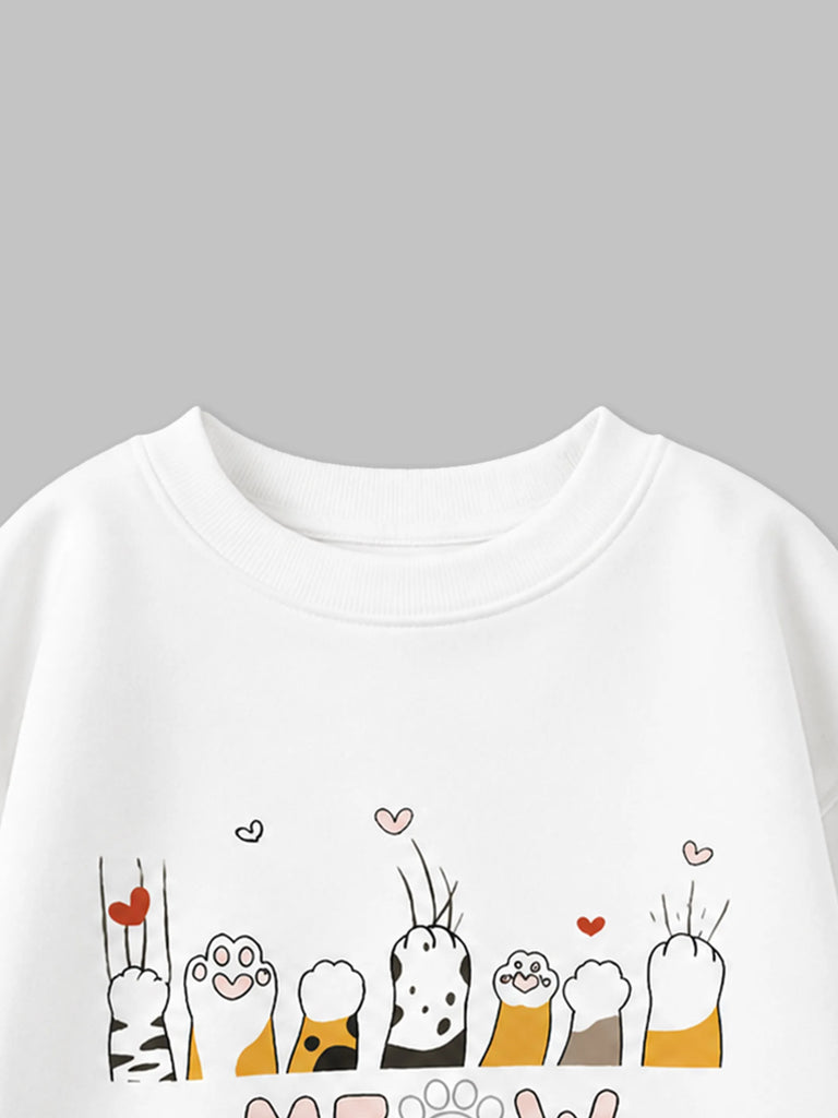 Unisex White Sweatshirt – Meow Cat Print Full-Sleeve Sweatshirt