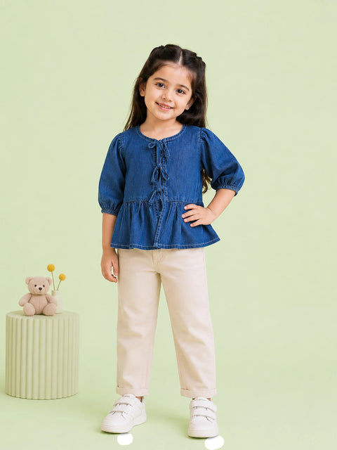 Girls Denim Peplum Top with Puff Sleeves - Dark Blue