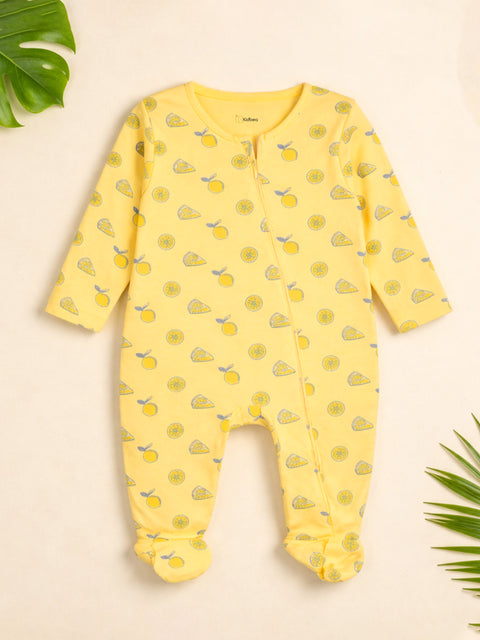 Organic Cotton Baby Romper – Soft Breathable Yellow Lemon Print Full Sleeve Zip Sleepsuit